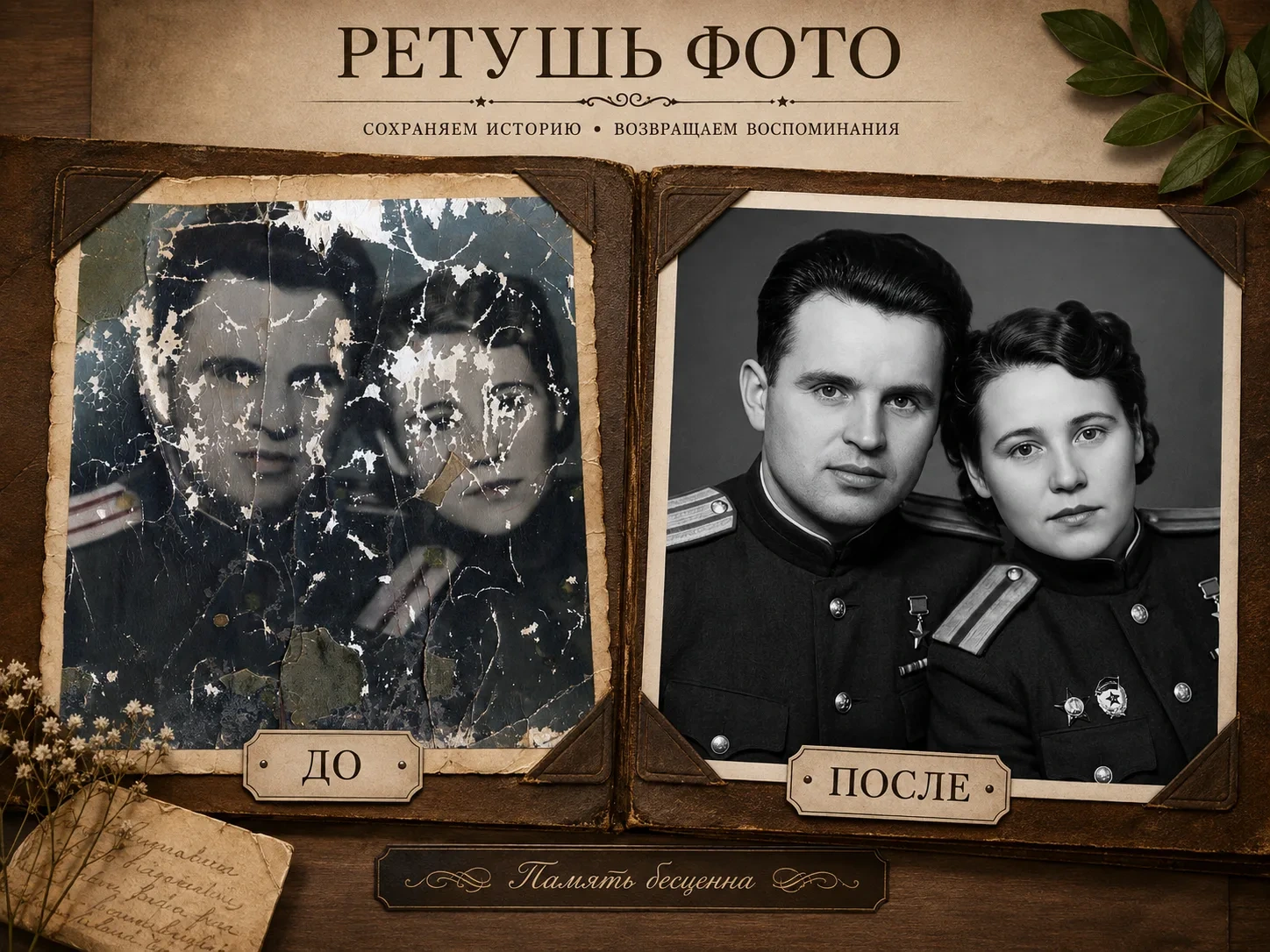 Восстановление семейного снимка: исходная фотография слева, результат ретуши справа