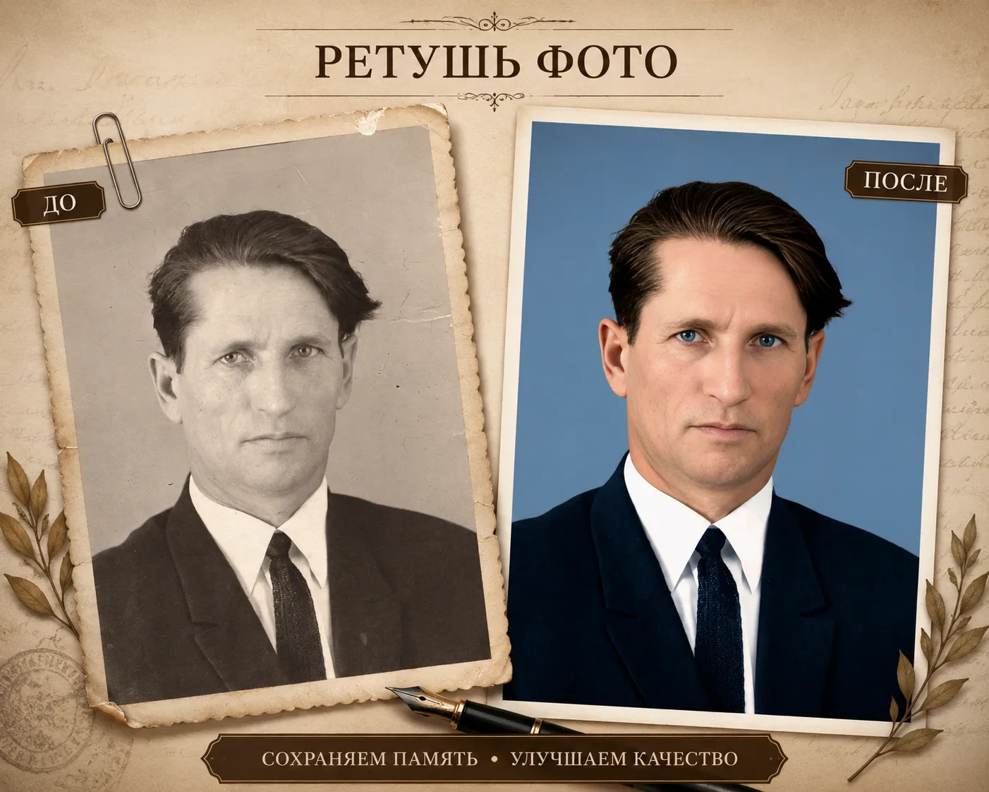 Реставрация и колоризация портрета: исходная фотография слева, результат ретуши справа