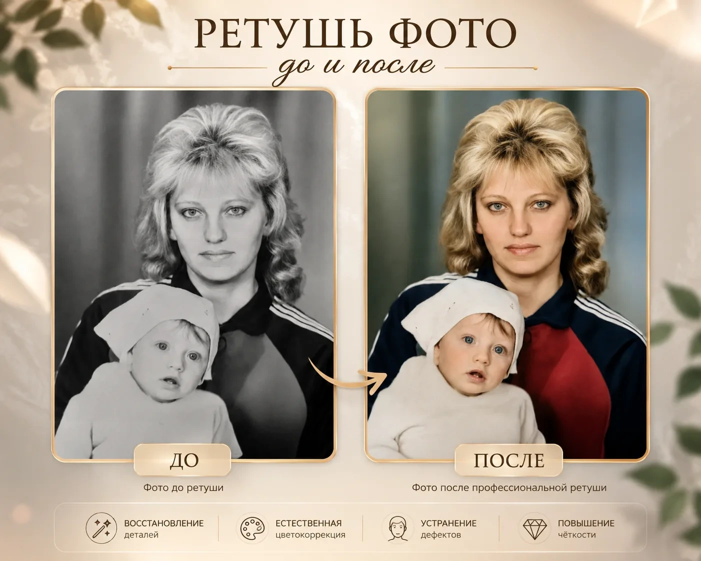 Цвет для семейных воспоминаний: исходная фотография слева, результат ретуши справа